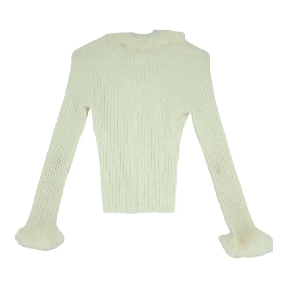 Vintage Small Vertigo Paris White Ribbed Sweater with Feather Collar and Sleeve